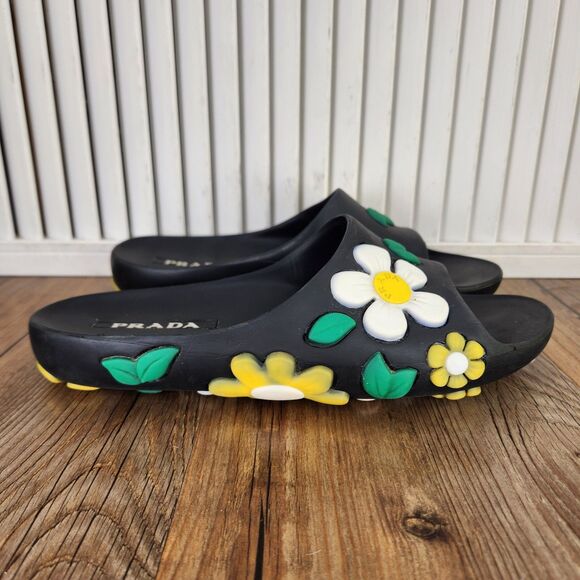 Prada Rubber Floral Slides Womens Size 8 Black Colorful Designer Sandals EU 38 - Picture 1 of 9
